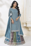 Blue Color Embroidered Readymade Designer Sharara Top Lehenga In Chinon Silk Fabric.