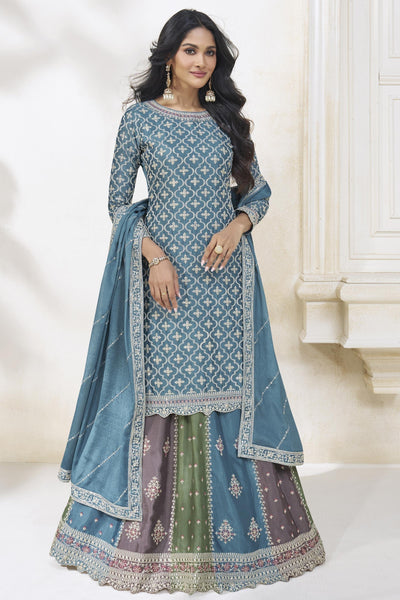 Blue Color Embroidered Readymade Designer Sharara Top Lehenga In Chinon Silk Fabric.
