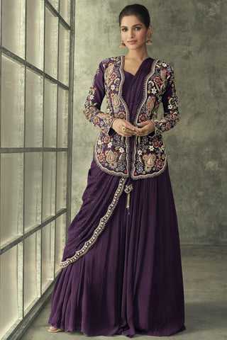 Vartika Singh Awesome Georgette Fabric Purple Color Readymade Gown With Embroidered Jacket.