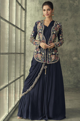 Vartika Singh Blazeing Blue Georgette Ready To Wear Gown With Embroidered Jacket.