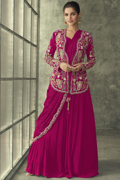 Vartika Singh Blissful Georgette Rani One Minute Readymade Party Wear Gown With Embroidered Jacket.