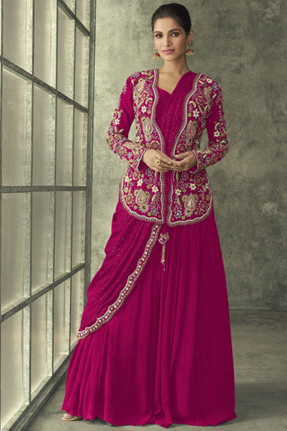 Vartika Singh Blissful Georgette Rani One Minute Readymade Party Wear Gown With Embroidered Jacket.