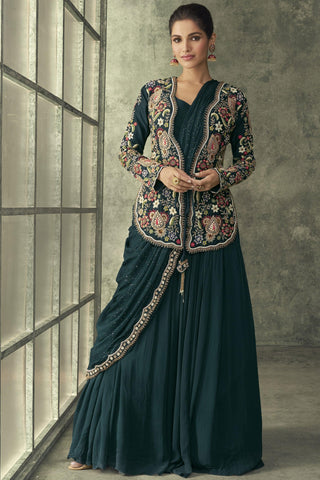 Vartika Singh Dove Green Color Georgette Fabric Ready To Wear Gown With Embroidered Jacket.