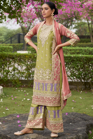 Sea Green Color Embroidered Readymade Palazzo Suit In Chinon Fabric.