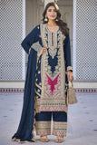 Chinon Fabric Navy Blue Color Elegant Sangeet Wear Readymade Palazzo Suit.