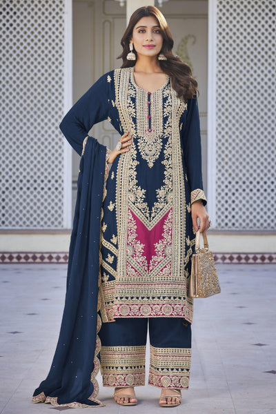 Chinon Fabric Navy Blue Color Elegant Sangeet Wear Readymade Palazzo Suit.