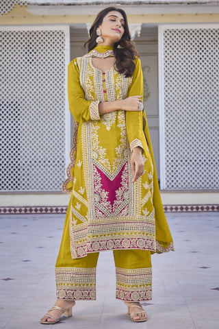 Yellow Color Chinon Fabric Enticing Sangeet Wear Readymade Palazzo Suit.