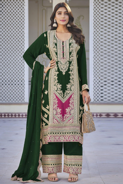 Chinon Fabric Green Color Fantastic Sangeet Wear Readymade Palazzo Suit.