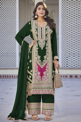 Chinon Fabric Green Color Fantastic Sangeet Wear Readymade Palazzo Suit.