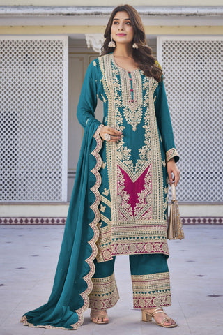 Chinon Fabric Cyan Color Graceful Sangeet Wear Readymade Palazzo Suit.