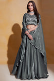 Grey Color Embroidered Organza Silk Fabric Wedding Lehenga Choli.