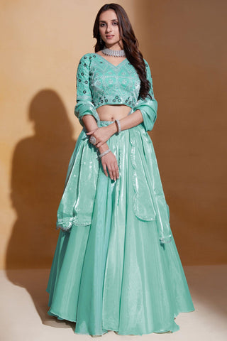 Sea Green Color Embroidered Organza Silk Fabric Designer Lehenga Choli.