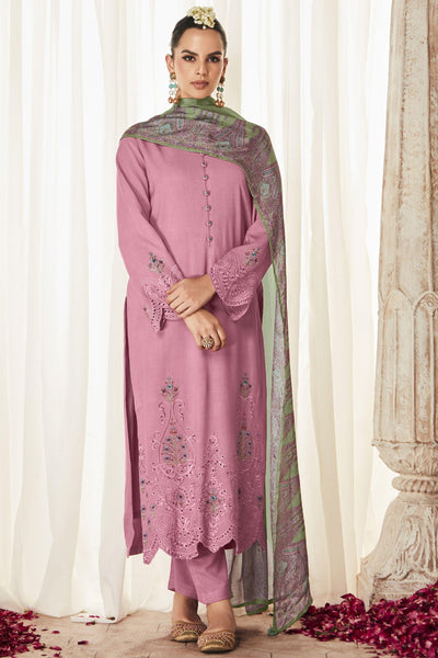 Art Silk Fabric Embroidered Function Wear Long Straight Cut Salwar Kameez In Pink Color.
