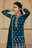 Diksha Singh Teal Color Chic Readymade Art Silk Palazzo Suit.