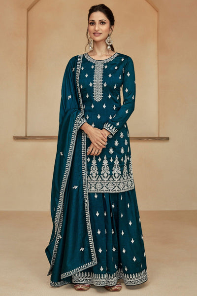 Diksha Singh Teal Color Chic Readymade Art Silk Palazzo Suit.