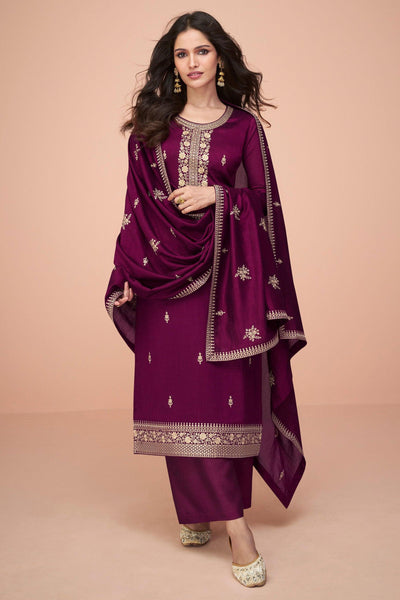 Vartika Singh Wine Color Silk Fabric Alluring Embroidered Salwar Suit.