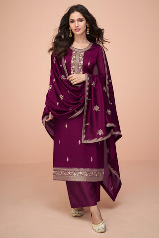 Vartika Singh Wine Color Silk Fabric Alluring Embroidered Salwar Suit.