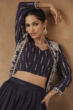 Vartika Singh Chinon Fabric Embroidered Purple Color Readymade Indo Western Lehenga Choli With Long Shrug.