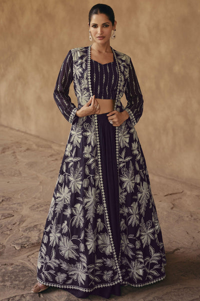 Vartika Singh Chinon Fabric Embroidered Purple Color Readymade Indo Western Lehenga Choli With Long Shrug.