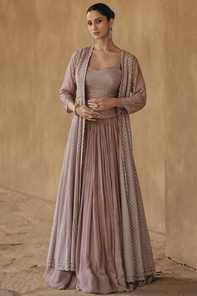 Diksha J Singh Light Peach Color Chinon Fabric Readymade Indo Western Lehenga Choli With Long Shrug.