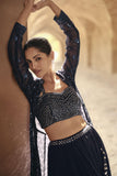 Vartika Singh Embroidery Navy Blue Color Chinon Fabric Readymade Indo Western Lehenga Choli With Long Shrug.