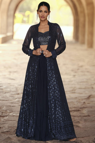 Vartika Singh Embroidery Navy Blue Color Chinon Fabric Readymade Indo Western Lehenga Choli With Long Shrug.