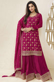 Nidhi Shah Chinon Jacquard Fabric Fancy Embroidered Palazzo Salwar Kameez In Magenta Color.