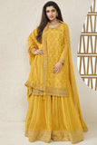 Nidhi Shah Sunshine Yellow Color Embroidered Palazzo Salwar Suit In Chinon Jacquard Fabric.