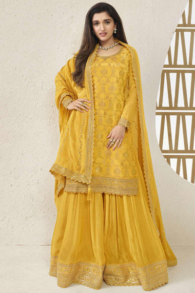 Nidhi Shah Sunshine Yellow Color Embroidered Palazzo Salwar Suit In Chinon Jacquard Fabric.