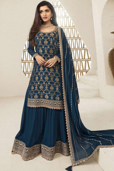 Nidhi Shah Navy Blue Color Embroidered Palazzo Suit In Chinon Jacquard Fabric.