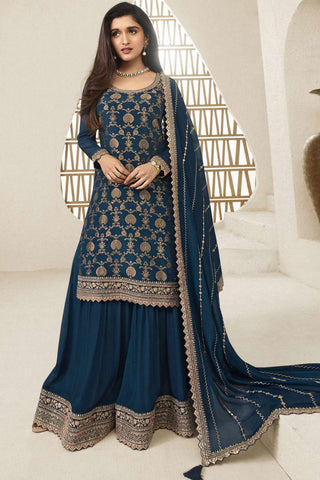 Nidhi Shah Navy Blue Color Embroidered Palazzo Suit In Chinon Jacquard Fabric.