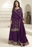 Nidhi Shah Embroidered Palazzo Salwar Kameez In Chinon Jacquard Fabric Purple Color.