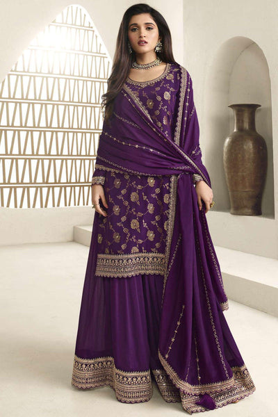 Nidhi Shah Embroidered Palazzo Salwar Kameez In Chinon Jacquard Fabric Purple Color.