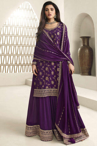 Nidhi Shah Embroidered Palazzo Salwar Kameez In Chinon Jacquard Fabric Purple Color.