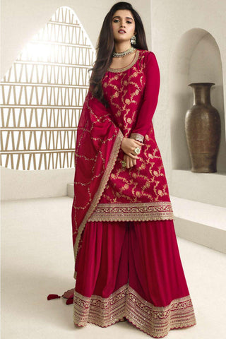 Nidhi Shah Embroidered Chinon Jacquard Fabric Palazzo Suit In Red Color.