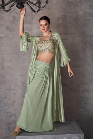 Eugeniya Belousova Fashionable Sea Green Color Georgette Readymade Indo Western Palazzo With Shrug.