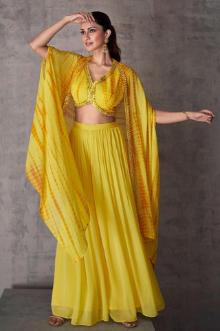 Diksha Singh Glamorous Yellow Color Georgette Readymade Indo Western Palazzo With Shrug.