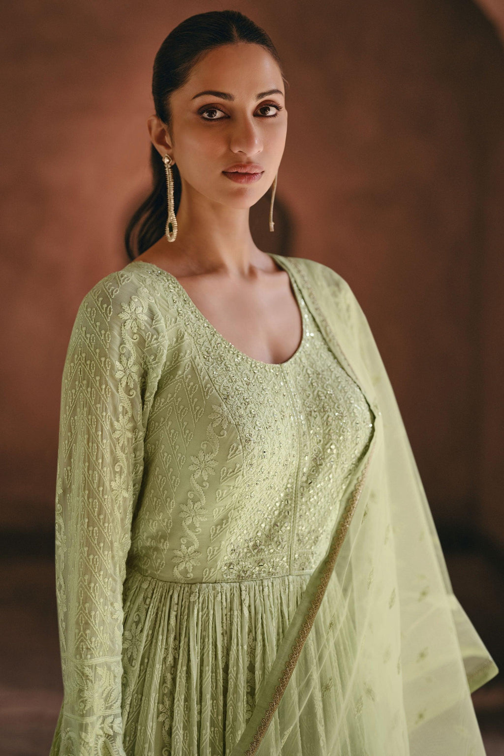 Georgette Fabric Sea Green Embroidered Readymade Anarkali Style Long Gown.