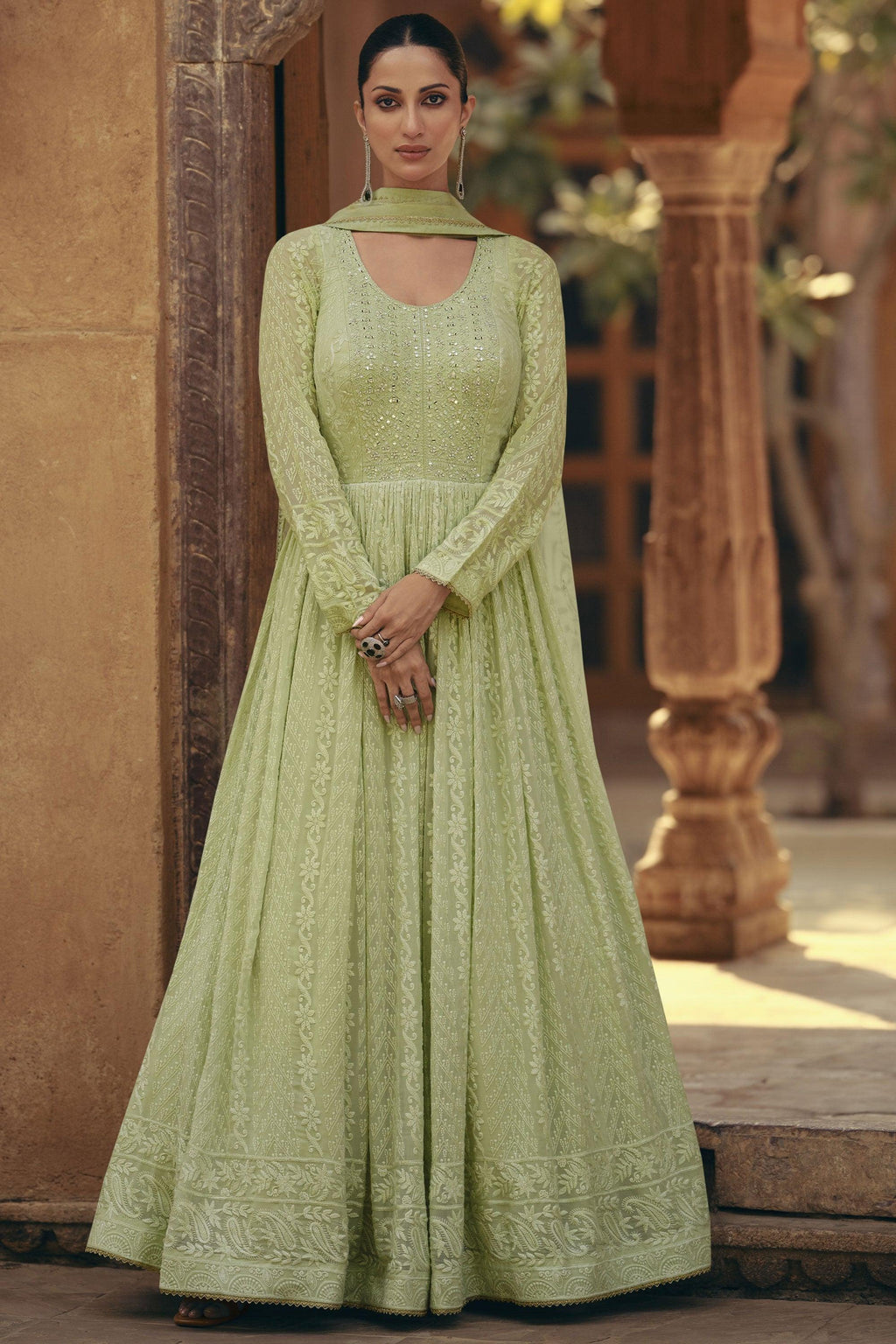 Georgette Fabric Sea Green Embroidered Readymade Anarkali Style Long Gown.