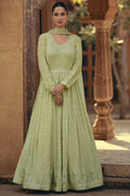 Georgette Fabric Sea Green Embroidered Readymade Anarkali Style Long Gown.