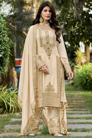 Beige Color Chinon Fabric Embroidered Festive Wear Readymade Designer Salwar Suit.
