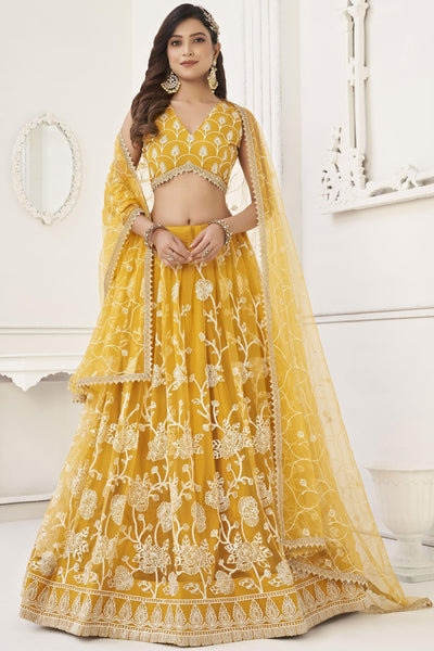 Alluring Yellow Designer Embroidered Lehenga Choli In Net Fabric With Blouse.