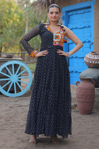 Bandhani Printed Black Color Glorious Readymade Long Gown In Georgette Fabric - women's fashion mart