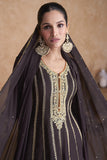 Festive Wear Embroidered Designer Readymade Sharara Style Salwar Kameez In Chinon Fabric Brown Color.