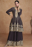 Festive Wear Embroidered Designer Readymade Sharara Style Salwar Kameez In Chinon Fabric Brown Color.