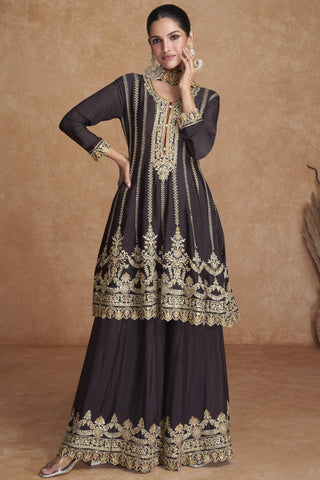 Festive Wear Embroidered Designer Readymade Sharara Style Salwar Kameez In Chinon Fabric Brown Color.