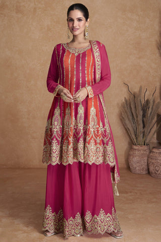 Embroidered Pink Color Function Wear Designer Readymade Sharara Style Salwar Suit In Chinon Fabric.
