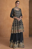 Chinon Fabric Festive Wear Embroidered Designer Readymade Sharara Style Suit In Black Color.