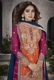 Readymade Chinon Fabric Embroidered Punjabi Style Palazzo Suit In Orange Color.