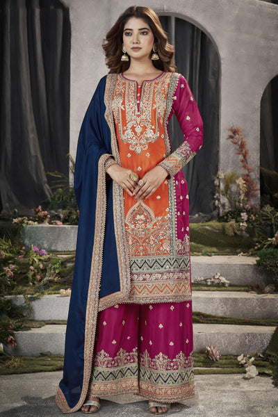 Readymade Chinon Fabric Embroidered Punjabi Style Palazzo Suit In Orange Color.